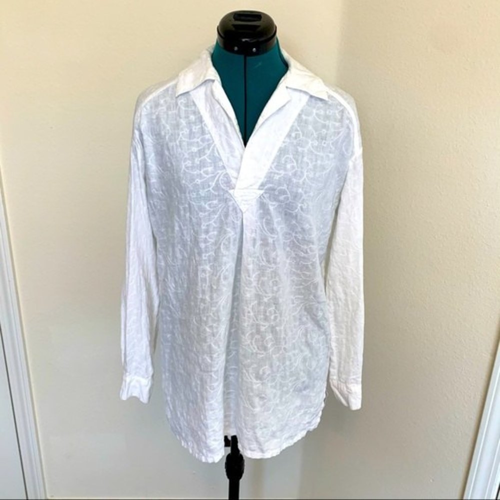 J. Jill 100% Linen Embroidered Boho White Tunic Blouse, flowy, vine motif, XS